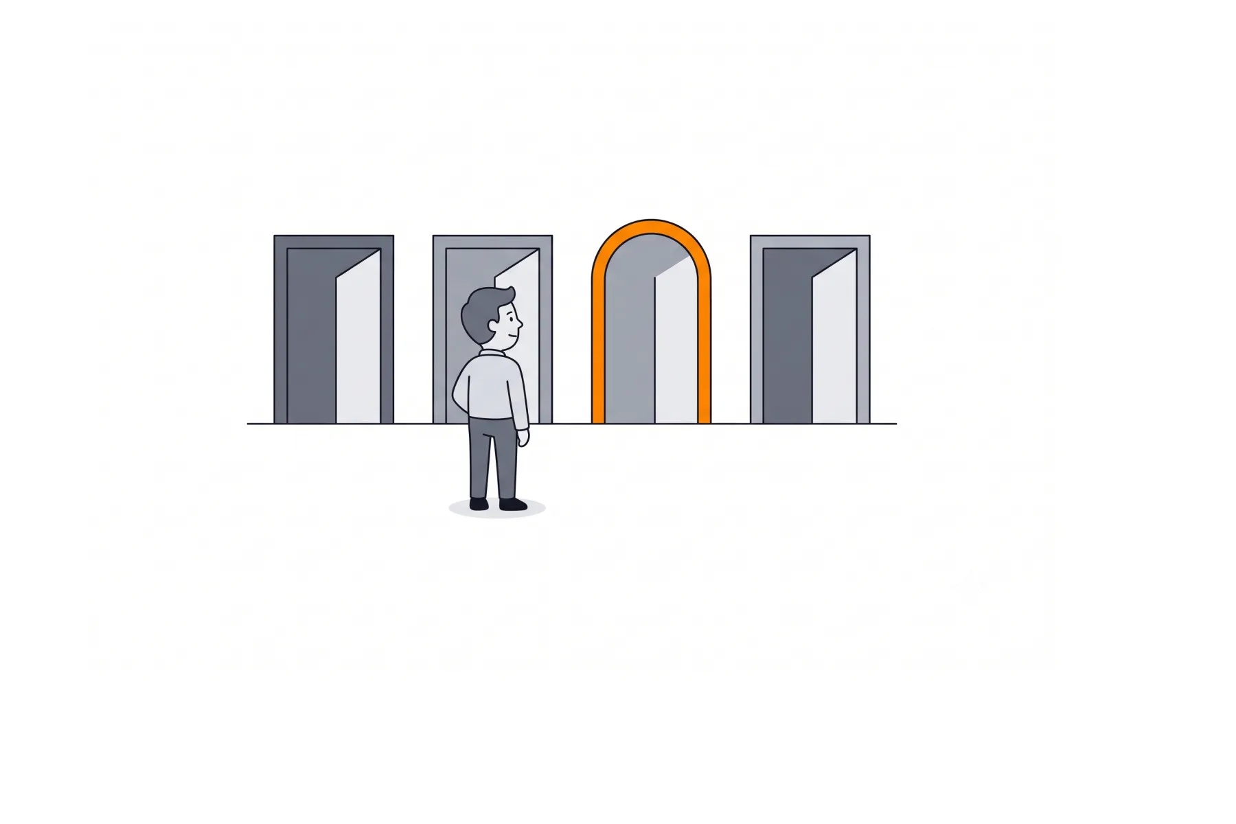 A figure standing before four doorways, one of them marked in orange