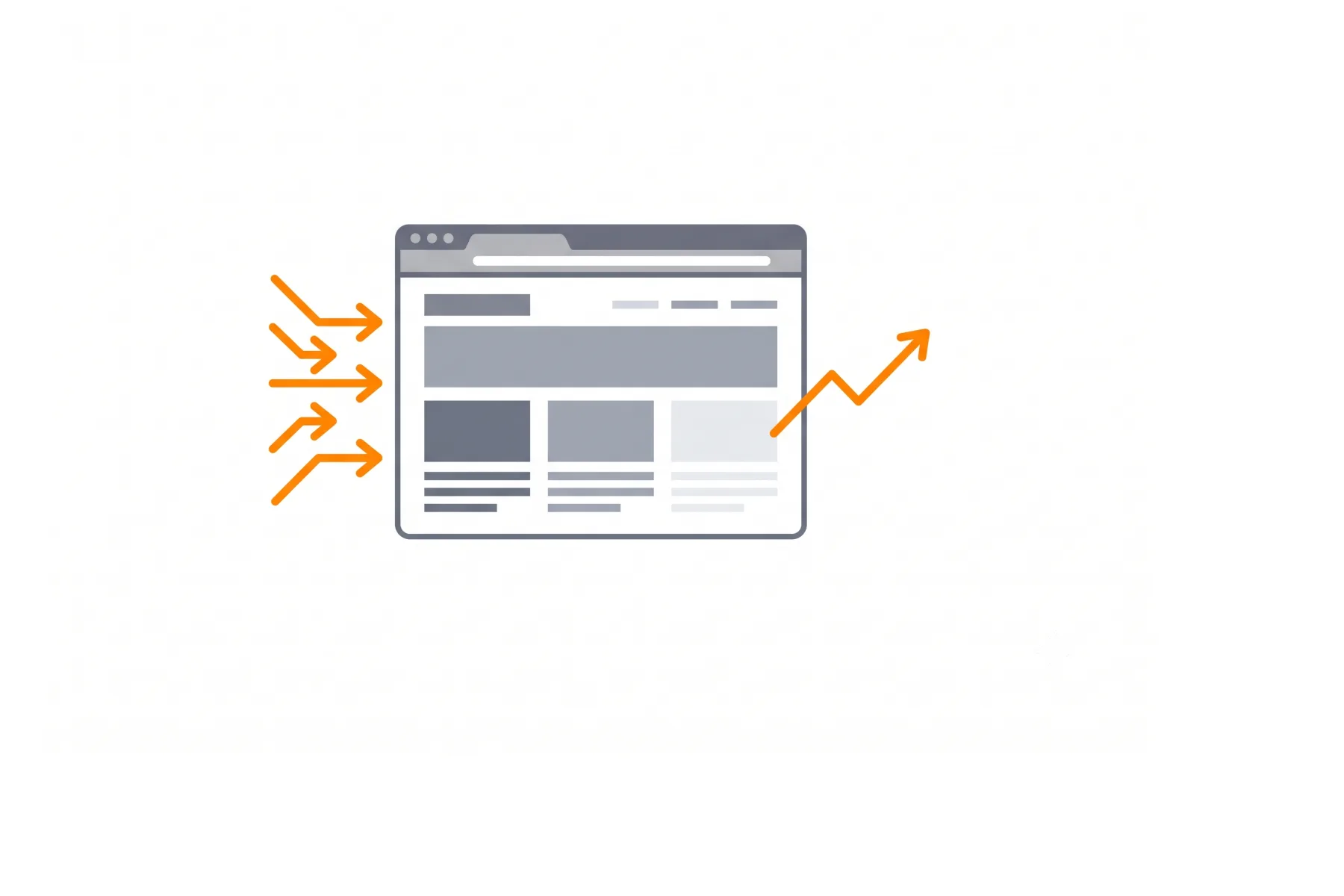 A browser window with arrows flowing into it and a rising line graph leaving it
