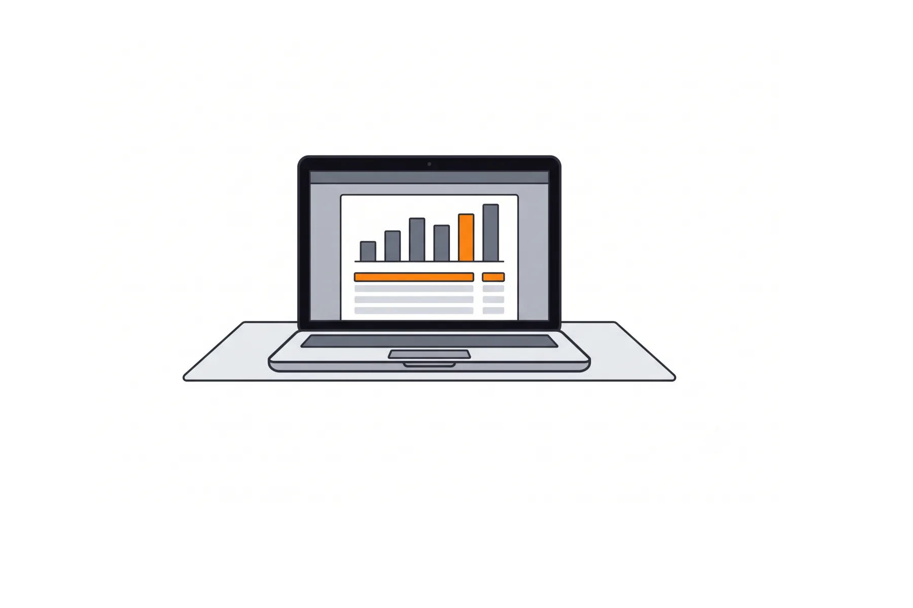 A laptop on a simple desk showing an abstract business dashboard with one highlighted figure